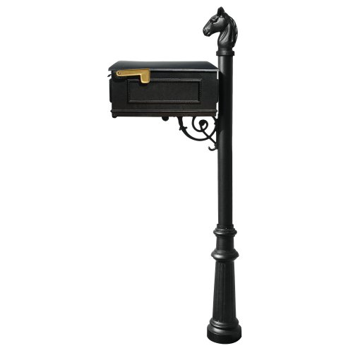 Qualarc Lewiston Cast Aluminum Post Mount Mailbox System with Post  Aluminum Mailbox Fluted Base and Horsehead Finial Black