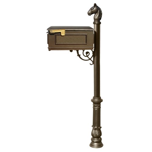 Qualarc Lewiston Cast Aluminum Post Mount Mailbox System with Post Aluminum Mailbox Ornate Base and Horsehead Finial Bronze