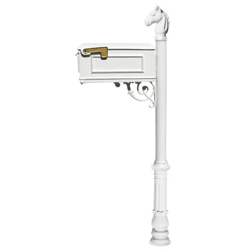 Qualarc Lewiston Cast Aluminum Post Mount Mailbox System with Post Aluminum Mailbox Ornate Base and Horsehead Finial White