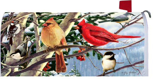 Songbirds In The Snow Winter Magnetic Mailbox Cover Wrap