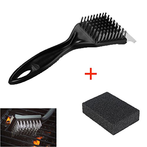 2 in 1 Grill Brush and Scraper  Cleaning Sponge Oumers BBQ Barbecue Cleaner Sponge Tools Kit Stainless Steel Bristles Easy to Remove the Stains Grime Char-Broil Weber Porcelain Infrared Grills