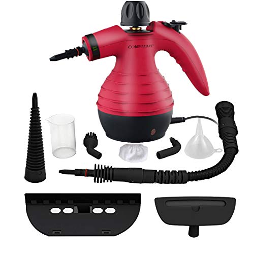 Handheld Steam Cleaner by Comforday - Multi-Purpose Pressurized Steam Cleaner with Safety Lock for Stain Removal Carpet and Upholstery Cleaning - 9-Piece Accessory Kit Included Upgrade red