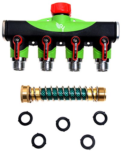 RAAYA 4 Way Hose Splitter With Short Garden Coil Hose Arthritis Friendly leak-proof Water Splitter Quick Switch Connector Ball Valve Rubber Washers Ultra High Flow at Four Outlets One Year Warranty