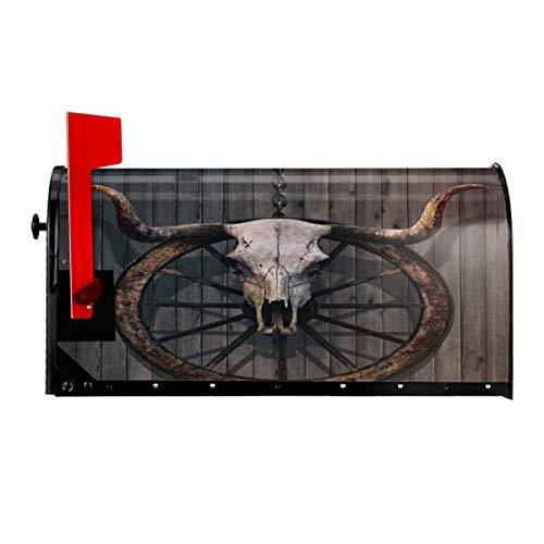 Jolly2T Magnetic Mailbox Cover - 21W x 255H Long Horned Bull Skull and Old West Wagon Wheel On Rustic WallMailbox Wraps Post Letter Box Cover