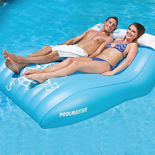 57 The Nautical Aqua Blue and White Double Mattress Swimming Pool Float with Retractable Neck Roll
