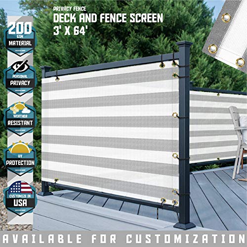 3 x 64 Gray Grey with White Stripes Residential Commercial Privacy Deck Fence Screen 200 GSM Weather Resistant Outdoor Protection Fencing Net for Balcony Verandah Porch Patio Pool Backyard Rails