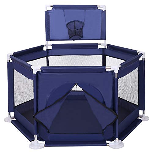 Portable Hexagon Kids playpen - Infant Safety Fence Ocean Ball Pool Protection playpen with Ball bar Lightweight Assembled House 6-Panel Mesh Play Yard with Sturdy Bases Anti-Skid Pads Blue