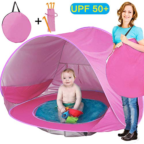 TURNMEON Baby Beach Tent Pop Up Portable Sun Shelter with Pool 50 UPF UV Protection Waterproof 300MM Summer Outdoor Tent for Aged 0-4 Baby Kids Parks Beach Shade Pink