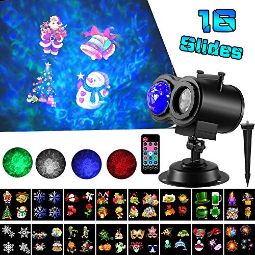 LED Christmas Projector Lights2-in-1 Ocean Wave Projector16 Slides 10 ColorsRemote Control Indoor Outdoor for Holiday Lights for Halloween Home Birthday Party Garden Landscape Decorations