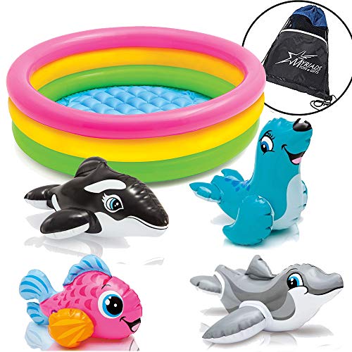 Intex Inflatable Kid Pool Set with Baby Pool 4 Sea Animal Themed Puff n Play Inflatable Floating Water Toys and Drawstring Bag
