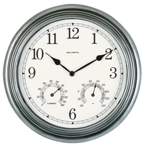 AcuRite 00920 14-Inch Pewter IndoorOutdoor Wall Clock with Thermometer and Hygrometer