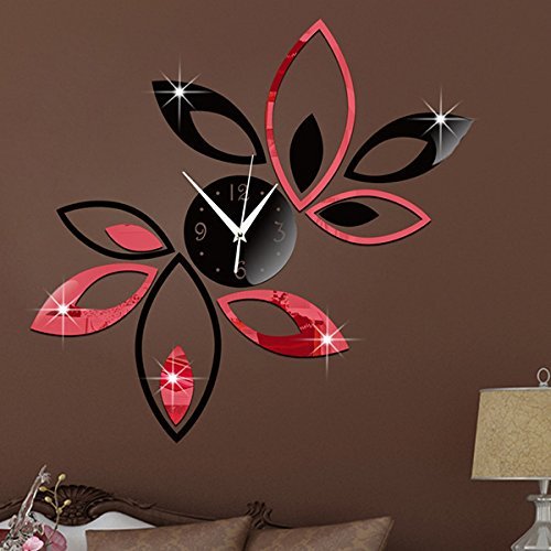 Big Flower Lotus DIY 3D Art Acrylic Mirror Wall Clock DIY Wall Sticker - Black Red