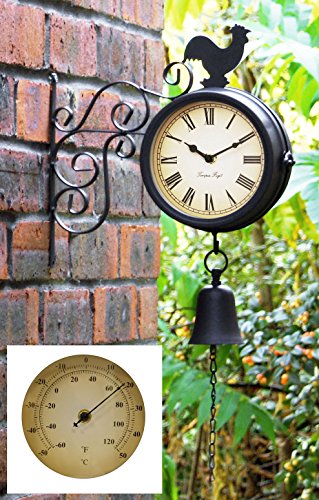 Cockerel And Bell Outdoor Clock And Thermometer - 47cm / 18.7in