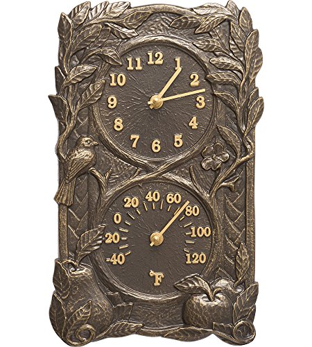 Bird Fruit Outdoor Clock and Thermometer French Bronze