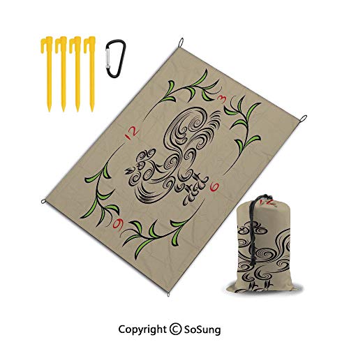 Beach Blanket Sand Proof Compact Pocket Blanket SoftBeach Mat for OutdoorWaterproof Picnic Mat for TravelHikingCampingFestivalKitchen DecorRooster and Floral Art Decorative Clock Time Swirls L