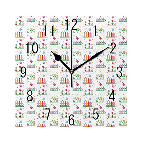 GULTMEE Square Wall Clock Home Decorative ClocksFloral Plants Garden Fences Cottage Yard Flowers in Pots Childish Beetles Pattern Multicolor78×78