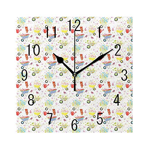 GULTMEE Square Wall Clock Home Decorative ClocksSpring Ornamental Pattern of Gardening Themed Flowerpots Watering Cans WheelbarrowsMulticolor78×78