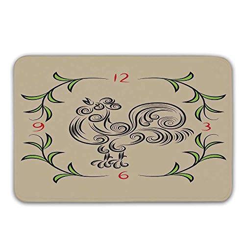 Kitchen Decor Non Slip Rubber Entrance RugRooster and Floral Art Decorative Clock Time Swirls Leaves Farm Animal Theme Decoration Doormat for Front Door236 Lx157 W