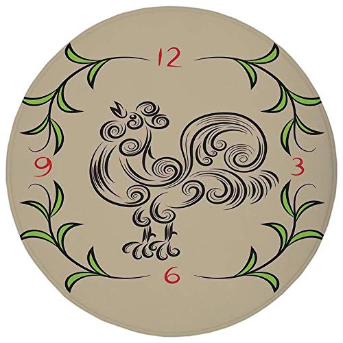 Round Rug Mat CarpetKitchen DecorRooster and Floral Art Decorative Clock Time Swirls Leaves Farm Animal Theme DecorationGrey GreenFlannel Microfiber Non-slip Soft Absorbentfor Kitchen Floor Bathr