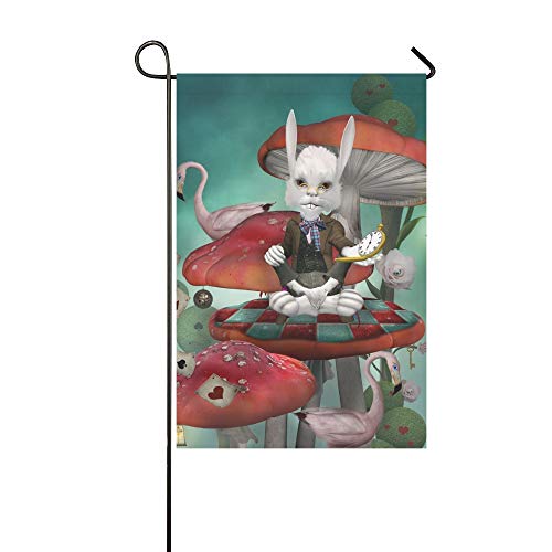 WUTMVING Home Decorative Outdoor Double Sided Wonderland Series Rabbit Clock Sits On Garden FlagHouse Yard FlagGarden Yard DecorationsSeasonal Welcome Outdoor Flag 12 X 18 Inch Spring Summer Gift