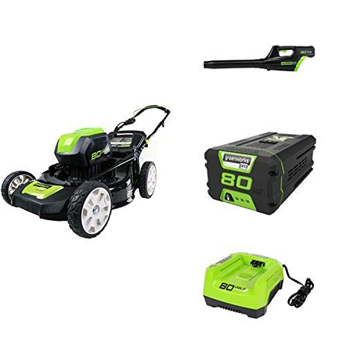 GreenWorks Pro 80V 21 Lawn Mower  Blower w 1 2Ah Battery Charger