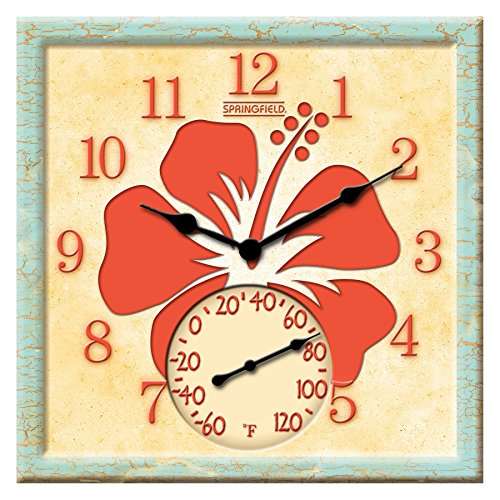 Springfield 12&quotx12&quot Orange Hibiscus Poly Resin Clock With Thermometer