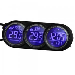 Generic Indoor and Outdoor Thermometer With Clock Blue and White Word