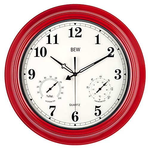 BEW Large Outdoor Clock Waterproof Wall Clock with Thermometer and Hygrometer Combo Weather Resistant Silent Metal Pool Clock for Garden Patio Fence Porch 18-Inch Empire Red