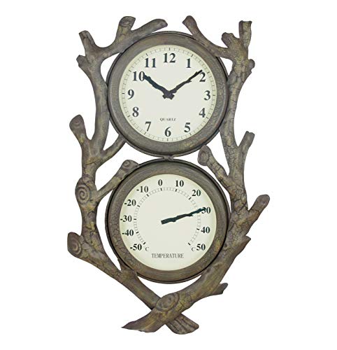 Combo Metal Wall Clock and Thermometer Wrought Tree Branches Design IndoorOutdoor Garden