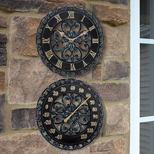 Lilys Home Hanging Verdigris Wall Clock and Dial Thermometer Set Ideal for Indoor and Outdoor Use Makes a Great Housewarming Gift Black 13 Inches