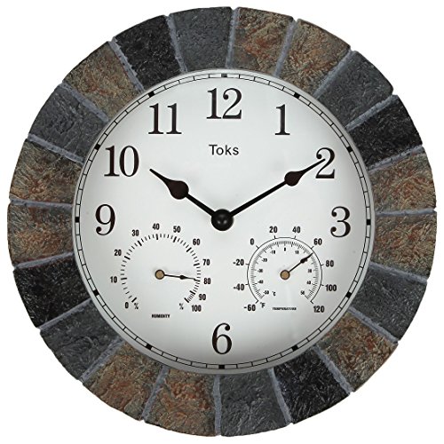 Lilys Home Hanging Wall Clock Includes a Thermometer and Hygrometer and is Ideal for Indoor and Outdoor Use Faux-Slate 10 Inches