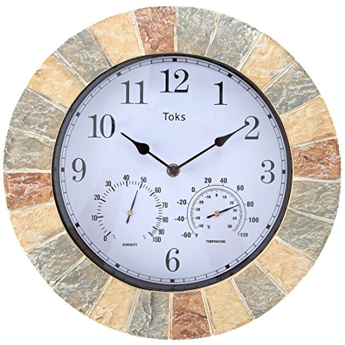 Lilys Home Hanging Wall Clock Includes a Thermometer and Hygrometer and is Ideal for Indoor and Outdoor Use Wonderful Housewarming Gift for Friends Faux-Stone 14 Inches