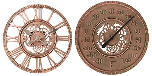 Lilys Home Hanging Wall Clock and Thermometer Set Steampunk Gear and Cog Design with a Bronze Finish Ideal for Indoor or Outdoor Use Poly-Resin 12 Inches and 13 Inches Diameter