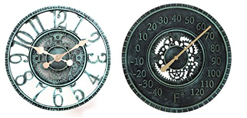 Lilys Home Hanging Wall Clock and Thermometer Set Steampunk Gear and Cog Design with a Pewter Finish Ideal for Indoor or Outdoor Use Poly-Resin 12 Inches and 13 Inches Diameter