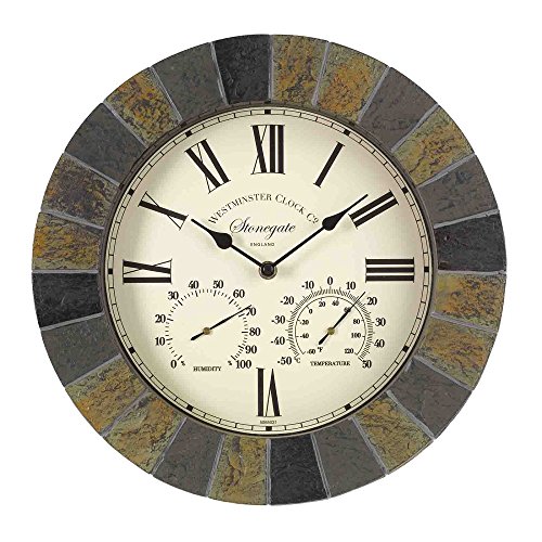 Outside in Stonegate Wall Clock and Thermometer in Dark Stone Effect 35cm  14 Indoor Outdoor Weatherproof