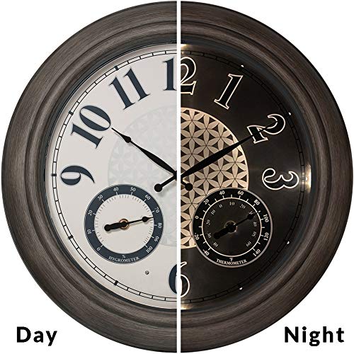 PresenTime Co 18 IndoorOutdoor Illuminated Waterproof Light Wall Clock with Thermometer Hygrometer Quartz Movement Battery Operated Farmhouse Style