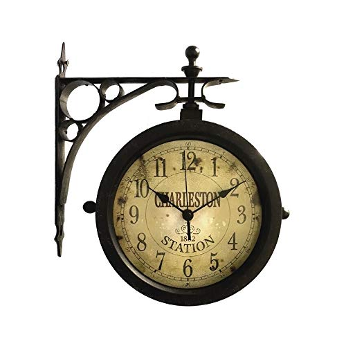 Side-Mount IndoorOutdoor Wall Clock Thermometer Black Rustic Metal Clear Display Minute Hand Numerical