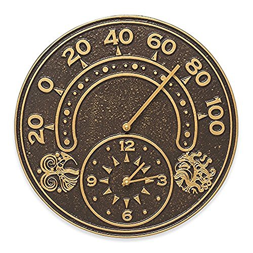Whitehall 14 in Indoor Outdoor Wall Clock and Thermometer in Gold