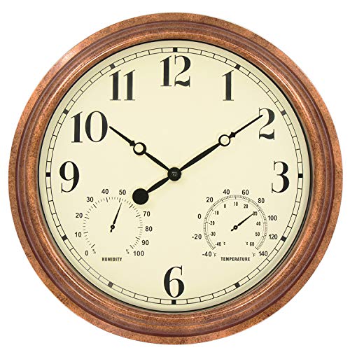 45Min 16 Inches IndoorOutdoor Retro Wall Clock with Thermometer and Hygrometer Silent Non Ticking Round Wall Clock Home Decor with Arabic Numerals