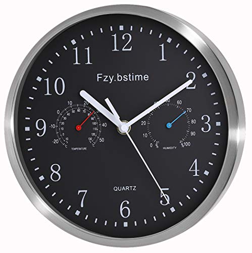 Fzybstim Non Ticking Silent Wall Clock Battery OperatedStainless Steel Wall Clock with Thermometer and Hygrometer OfficeLiving RoomBathroomKitchen Clock10 inch