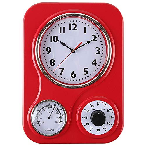 Lilys Home Retro Kitchen Wall Clock with a Thermometer and 60-Minute Timer Red 95 in x 133 in