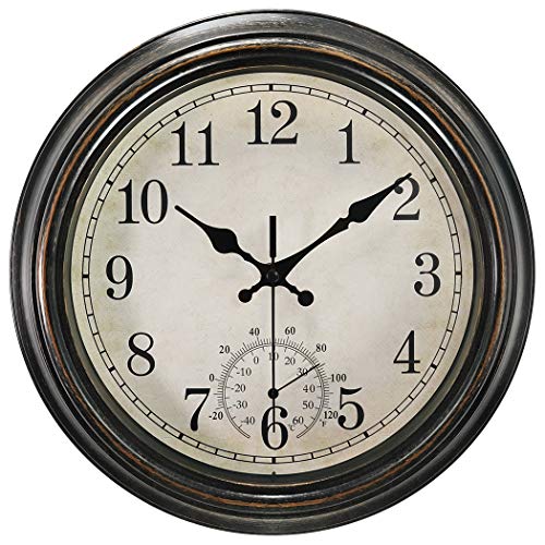 SecreShow 12 Inch Indoor Outdoor Wall Clock with ThermometerBattery Operated Waterproof ClockBronze