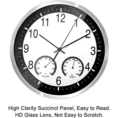 TZY Creative Hygrometer Wall Clock 12 Inch Metal Quartz Modern Silent Non-Ticking Wall Clocks with Thermometer Measures Temperature Humidity for Living Room Bedrooms Office Kitchen