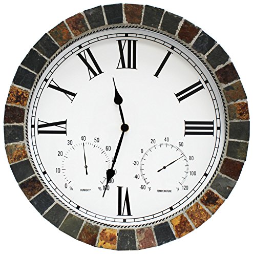 Dannys World Real Textured Ceramic Rock Tile 15 Inch Indooroutdoor Clock with Temperature Time and Humidity - Roman Numerals