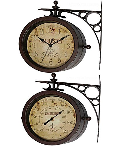 Outdoor Waterproof 8 Double Sided Clock And Thermometer Indoor Rustic Charleston Clock