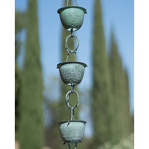 Monarch Pure Copper Hammered Cup Rain Chain 8-12-Feet Length Green Patina