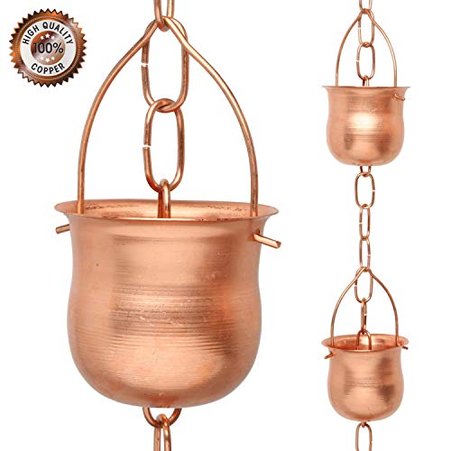 Marrgon Copper Rain Chain - Decorative Chimes Cups Replace Gutter Downspout Divert Water Away from Home for Stunning Fountain Display - 65 Long for Universal Fit - Pot Style