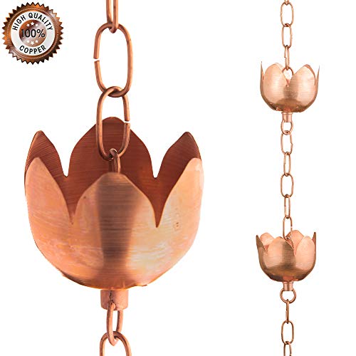 Marrgon Copper Rain Chain - Decorative Chimes Cups Replace Gutter Downspout Divert Water Away from Home for Stunning Fountain Display - 65 Long for Universal Fit - Flower Style