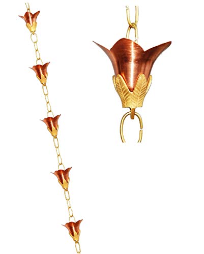 U-nitt 8-12 feet Pure Copper Rain Chain for Gutter Flower with Embossed Brass 85 ft Length 5511