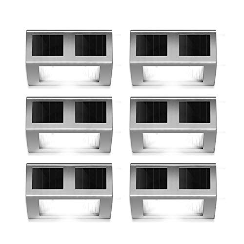 HIGUNE Outdoor Solar Powered LED Stainless Wall Light Step Light for Patio Deck Yard Garden Fence Roof Gutter Sun Power Smart Security Light6-Pack